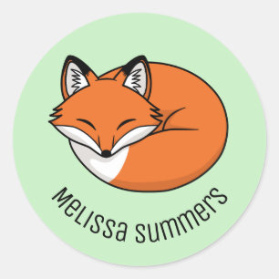 Sleeping Cartoon Fox Custom Name Green Classic Round Sticker