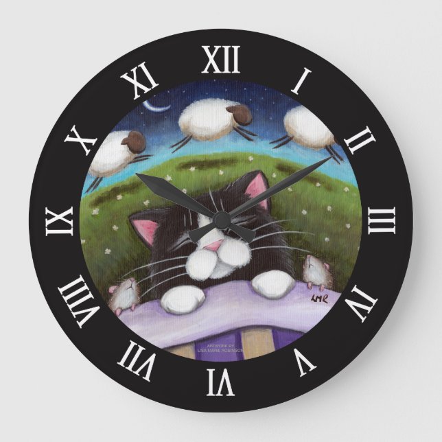 Sleeping Cat and Mice Dreaming of Sheep Large Clock (Front)