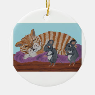 Sleeping Cat and Sneaky Mice Ceramic Tree Decoration