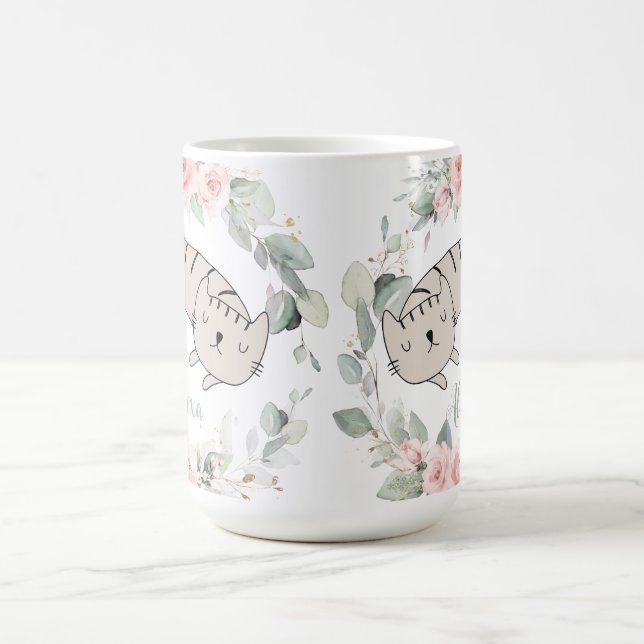 Sleeping Cat Blush Pink Floral Greenery Wreath Coffee Mug (Center)