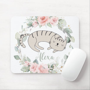 Sleeping Cat Blush Pink Floral Greenery Wreath  Mouse Pad