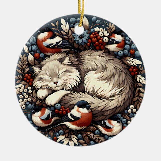 Sleeping Cat & Bullfinches Ornament (Front)