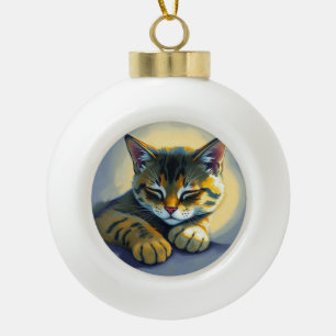Sleeping cat ceramic ball christmas ornament