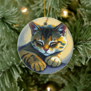 Sleeping cat ceramic tree decoration