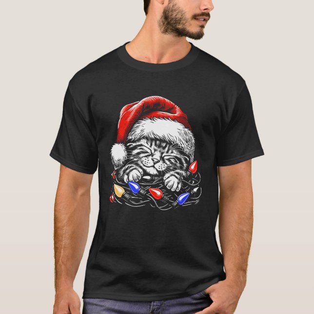 Sleeping cat Christmas Tree Lights, Cute Kitten fa T-Shirt (Front)