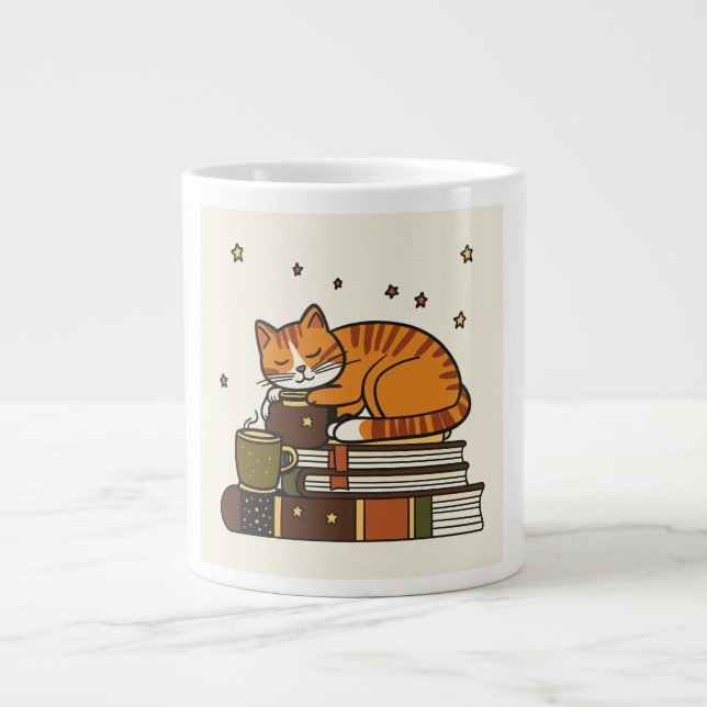 Sleeping Cat Coffee white Mug for Book Lovers Gift (Front)