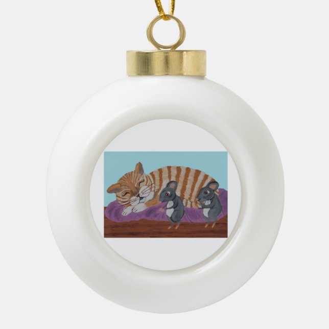 Sleeping Cat & Mice Snowflake Framed Ornament (Front)
