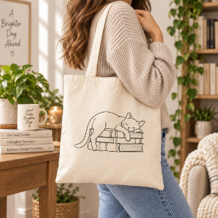 Sleeping Cat on Books Book Lover Tote Bag