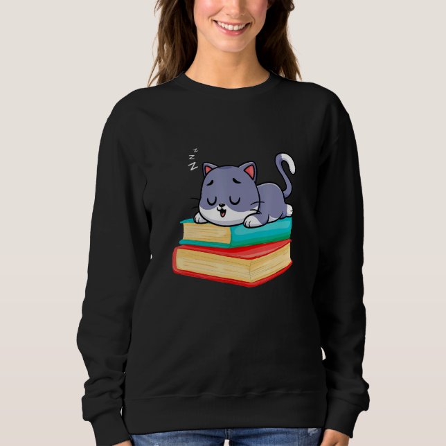 Sleeping Cat On Books Librarian bookish Cat & Book Sweatshirt (Front)