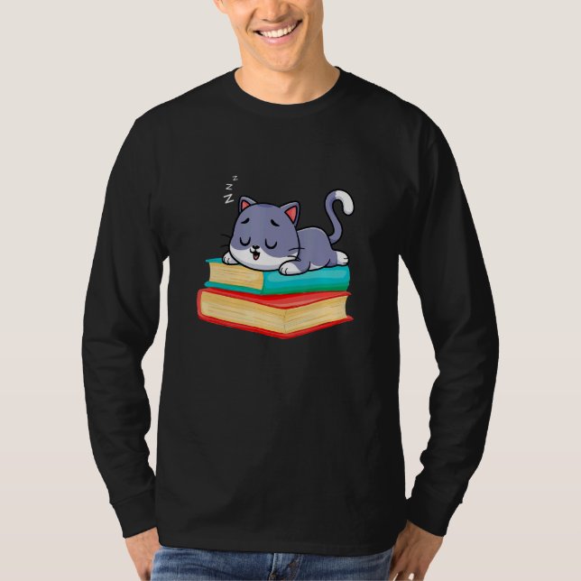 Sleeping Cat On Books Librarian bookish Cat & Book T-Shirt (Front)