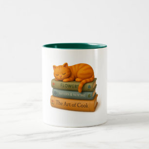Sleeping Cat on Books. Two-Tone Coffee Mug