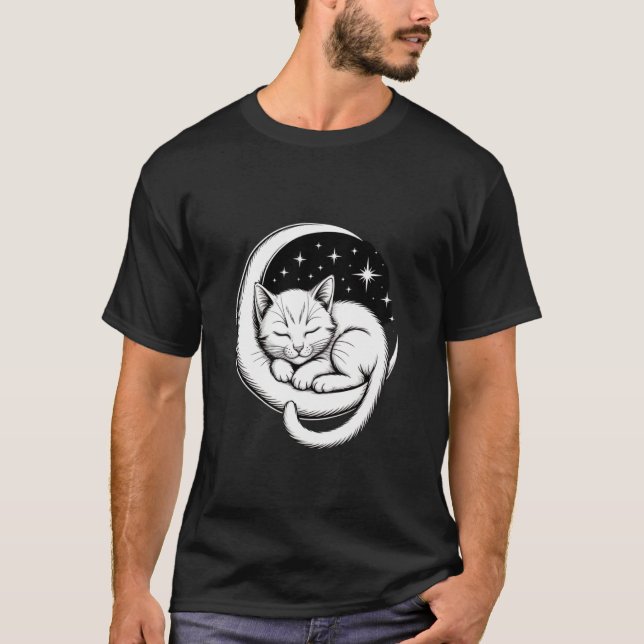 Sleeping Cat on Crescent Moon T-Shirt (Front)