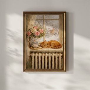 Sleeping Cat Winter Window Poster