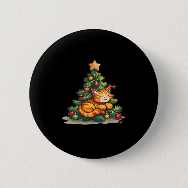 Sleeping Cat With Christmas Tree For Star Topper L 6 Cm Round Badge (Front)