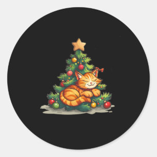 Sleeping Cat With Christmas Tree For Star Topper L Classic Round Sticker