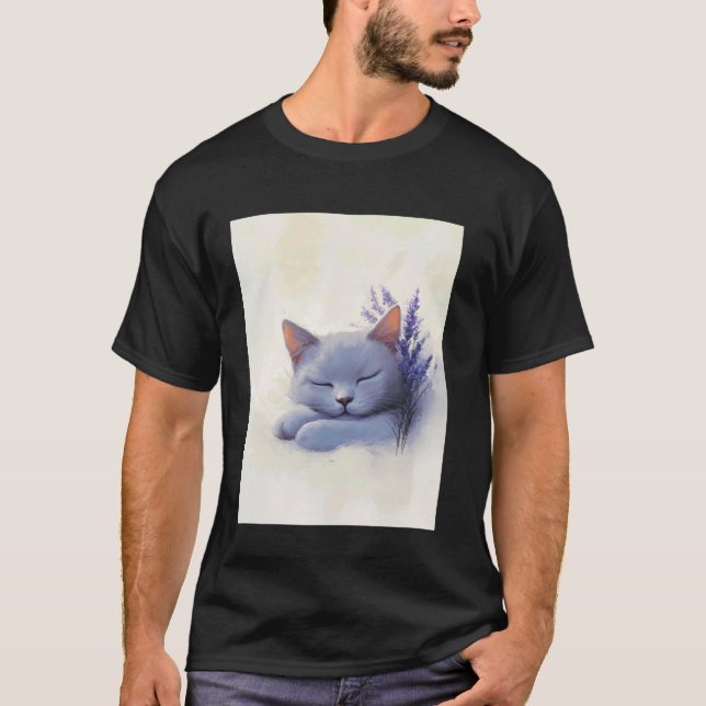 Sleeping Cat With Lavender Pet Illustration T-Shirt (Front)