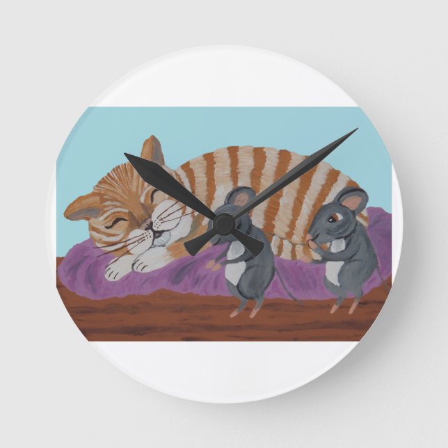 Sleeping Cat with Sneaky Mice Throw Pillow Round Clock (Front)