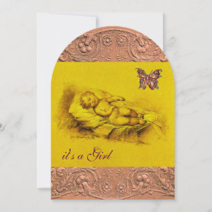 SLEEPING CHILD, BUTTERFLY YELLOW PINK  BABY SHOWER INVITATION