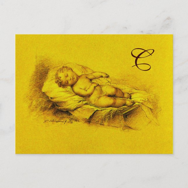 SLEEPING CHILD, GOLD YELLOW  BABY SHOWER  MONOGRAM INVITATION POSTCARD (Front)