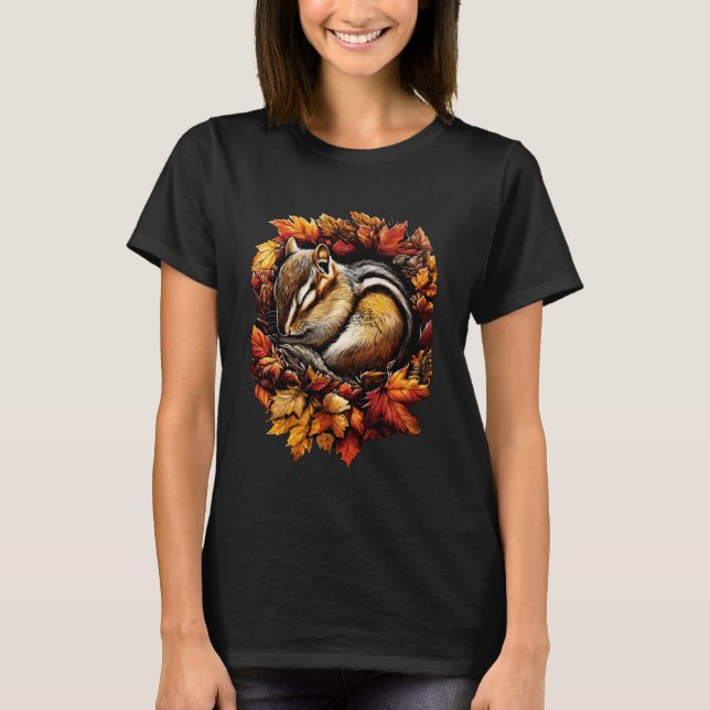 Sleeping Chipmunk with Fall Leaves Forest Autumn A T-Shirt (Front)