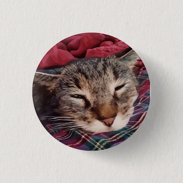 Sleeping christmas cat tabby plaid flannel red 3 cm round badge (Front)
