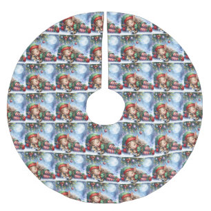 Sleeping Christmas Elf with Calico Kitten Brushed Polyester Tree Skirt