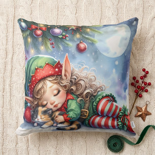Sleeping Christmas Elf with Calico Kitten Cushion