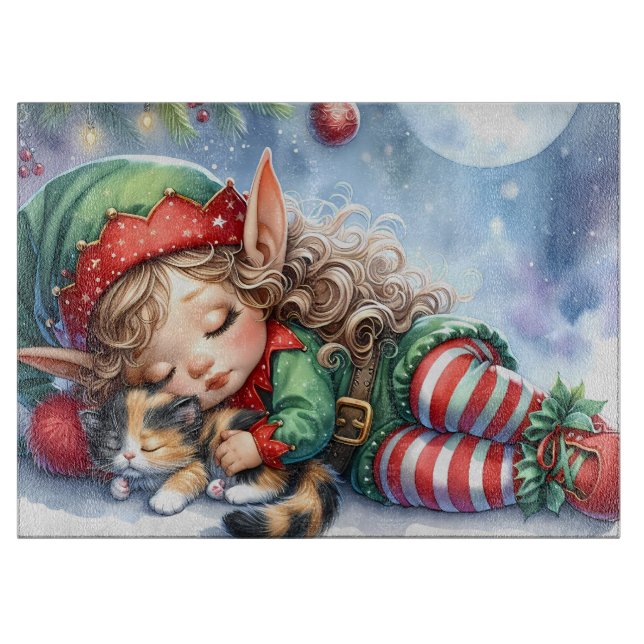 Sleeping Christmas Elf with Calico Kitten Cutting Board (Front)