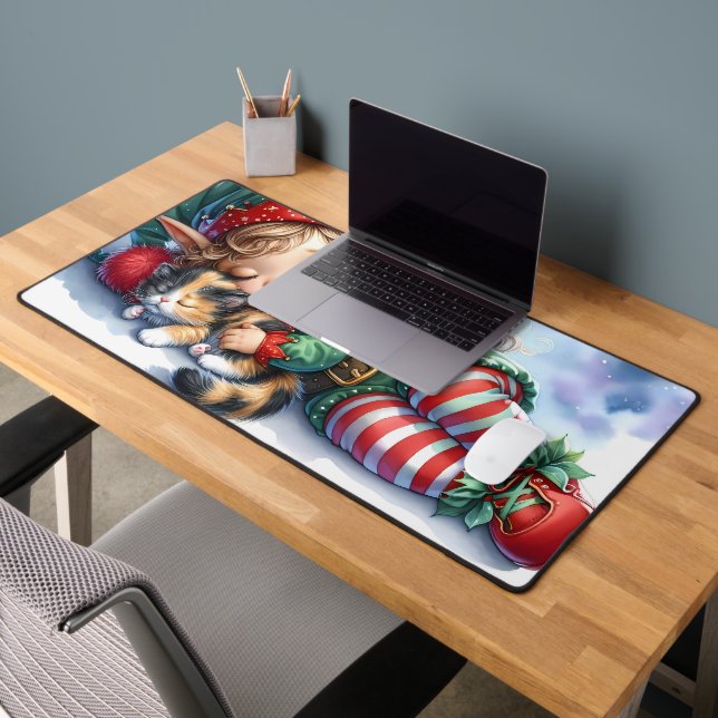 Sleeping Christmas Elf with Calico Kitten Desk Mat (Office 2)