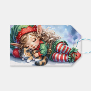 Sleeping Christmas Elf with Calico Kitten Gift Tags