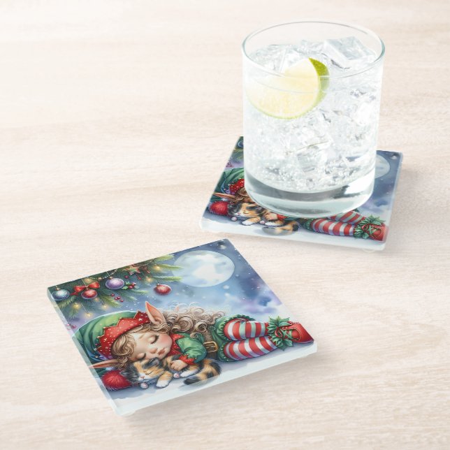 Sleeping Christmas Elf with Calico Kitten Glass Coaster (Angled)