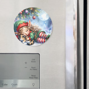 Sleeping Christmas Elf with Calico Kitten Magnet