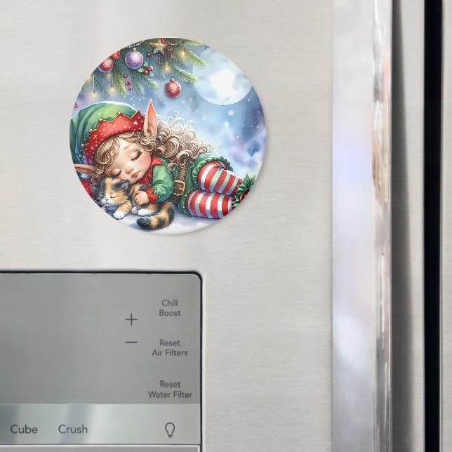 Sleeping Christmas Elf with Calico Kitten Magnet (In Situ (Fridge))