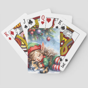 Sleeping Christmas Elf with Calico Kitten Playing Cards