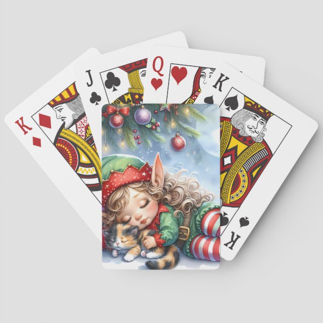 Sleeping Christmas Elf with Calico Kitten Playing Cards (Back)