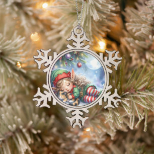 Sleeping Christmas Elf with Calico Kitten Snowflake Pewter Christmas Ornament
