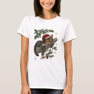 Sleeping Christmas Kitten on Snowy Branch T-Shirt