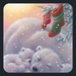 Sleeping Christmas Polar Bears Square Sticker<br><div class="desc">Sleeping Christmas Polar Bears</div>