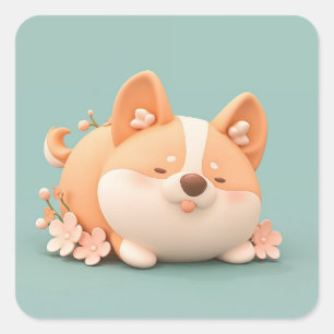 Sleeping Clay Corgi with Pink Blossom Square Sticker