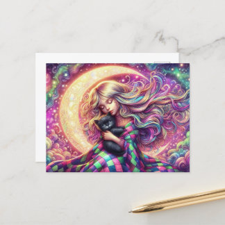 Sleeping Crescent Moon Girl With Black Cat Postcard