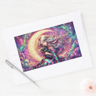 Sleeping Crescent Moon Girl With Black Cat Rectangular Sticker