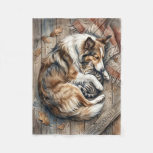 Sleeping Dog And Cat Cuddling Cosy Wood Background Fleece Blanket
