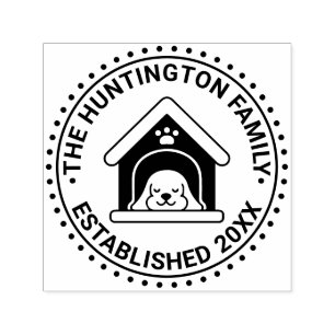 Sleeping Dog in Dog House Family Name Date Estd Self-inking Stamp