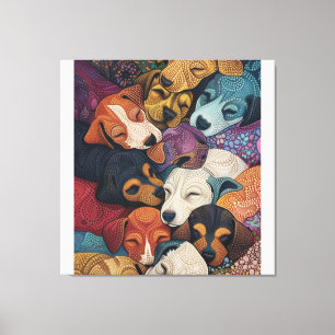 Sleeping Dog Puppy Litter - Pointillism Art Style Canvas Print