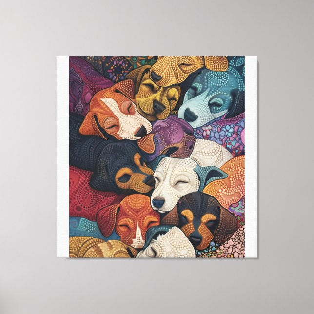 Sleeping Dog Puppy Litter - Pointillism Art Style Canvas Print (Front)