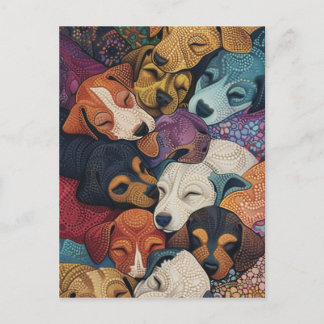 Sleeping Dog Puppy Litter - Pointillism Art Style Postcard