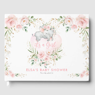 Sleeping Elephant Blush Pink Floral Baby Shower Guest Book
