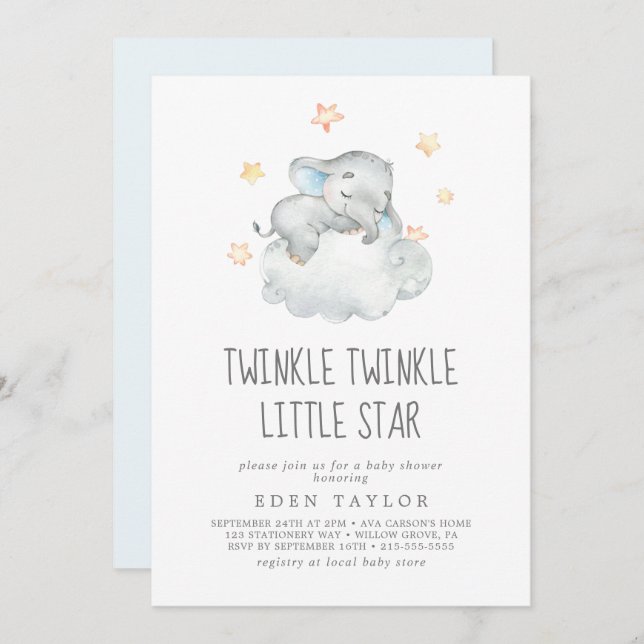 Sleeping Elephant Boy Twinkle Twinkle Little Star Invitation (Front/Back)