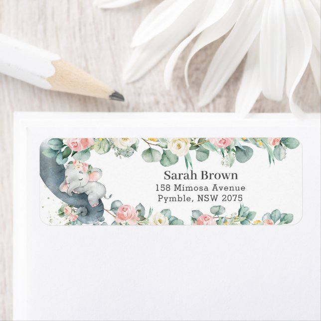 Sleeping Elephant Floral Leafy Address Label (Insitu)