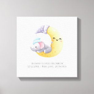 Sleeping Elephant in Moon Personalised Birth Stats Canvas Print